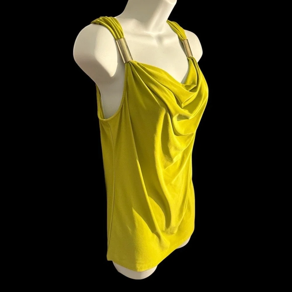 Chaus Women's Chartreuse Sleeveless Blouse Draped Neck Gold Shoulder Detail Sz S